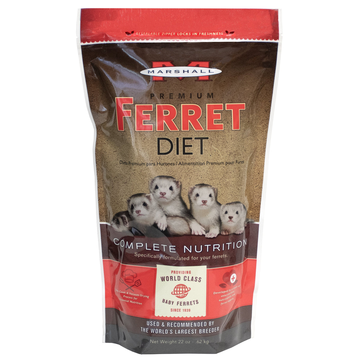 Marshall Premium Ferret Diet Dry Ferret Food - Front of 22 oz bag - Marshall - PetMax Canada