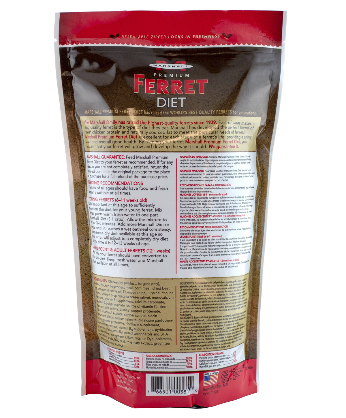 Marshall Premium Ferret Diet Dry Ferret Food - Back of 22 oz bag with feeding guide, ingredients and guaranteed analysis - Marshall - PetMax Canada