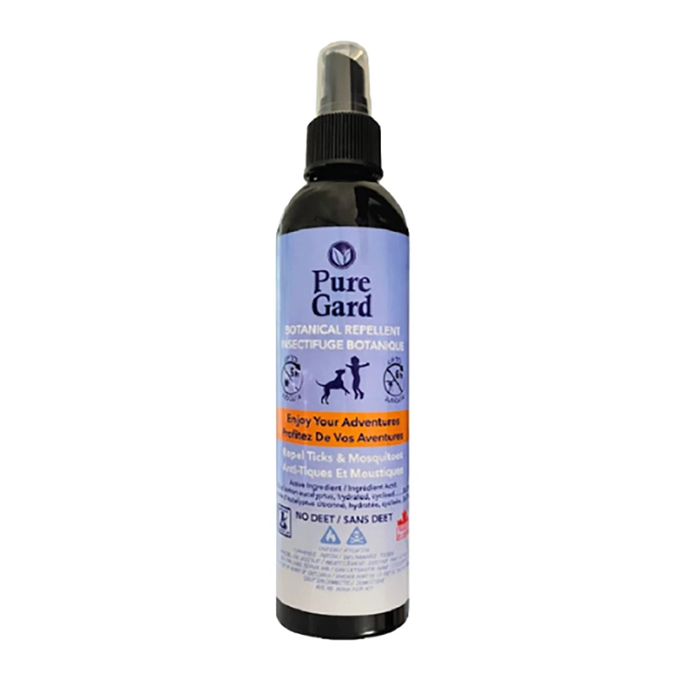 Pure Gard botanical repellent spray bottle on a white background