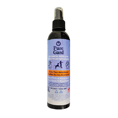Pure Gard botanical repellent spray bottle on a white background