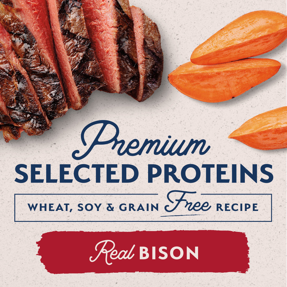 Natural Balance Limited Ingredient Reserve Bison & Sweet Potato Paté Wet Dog Food - 368g - benefit banner - 'Premium Selected Proteins / Wheat, Soy & Grain Free Recipe / Real Bison' (1000x1000) - Natural Balance - PetMax Canada
