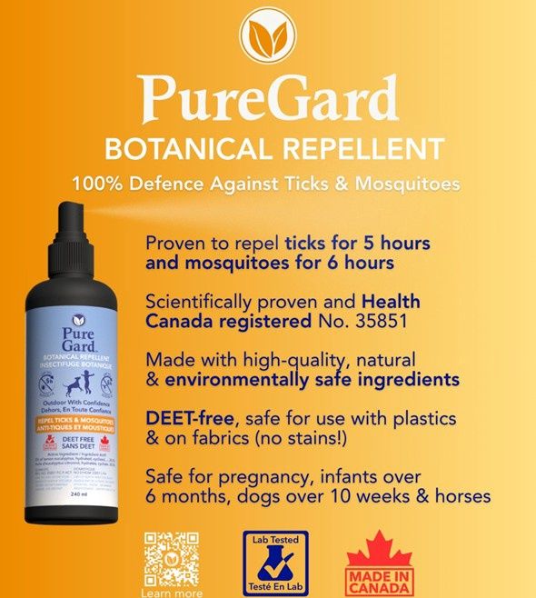 PureGard botanical repellent bottle on an orange background with product details.