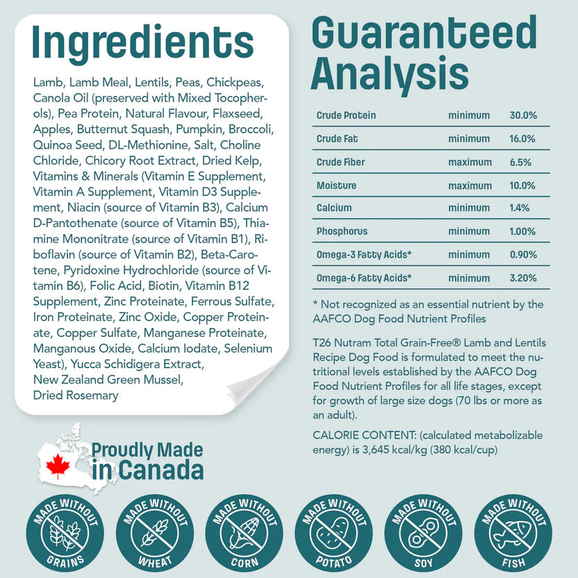 Nutram Total T26 Grain-Free All Life Stages Lamb & Lentils Recipe