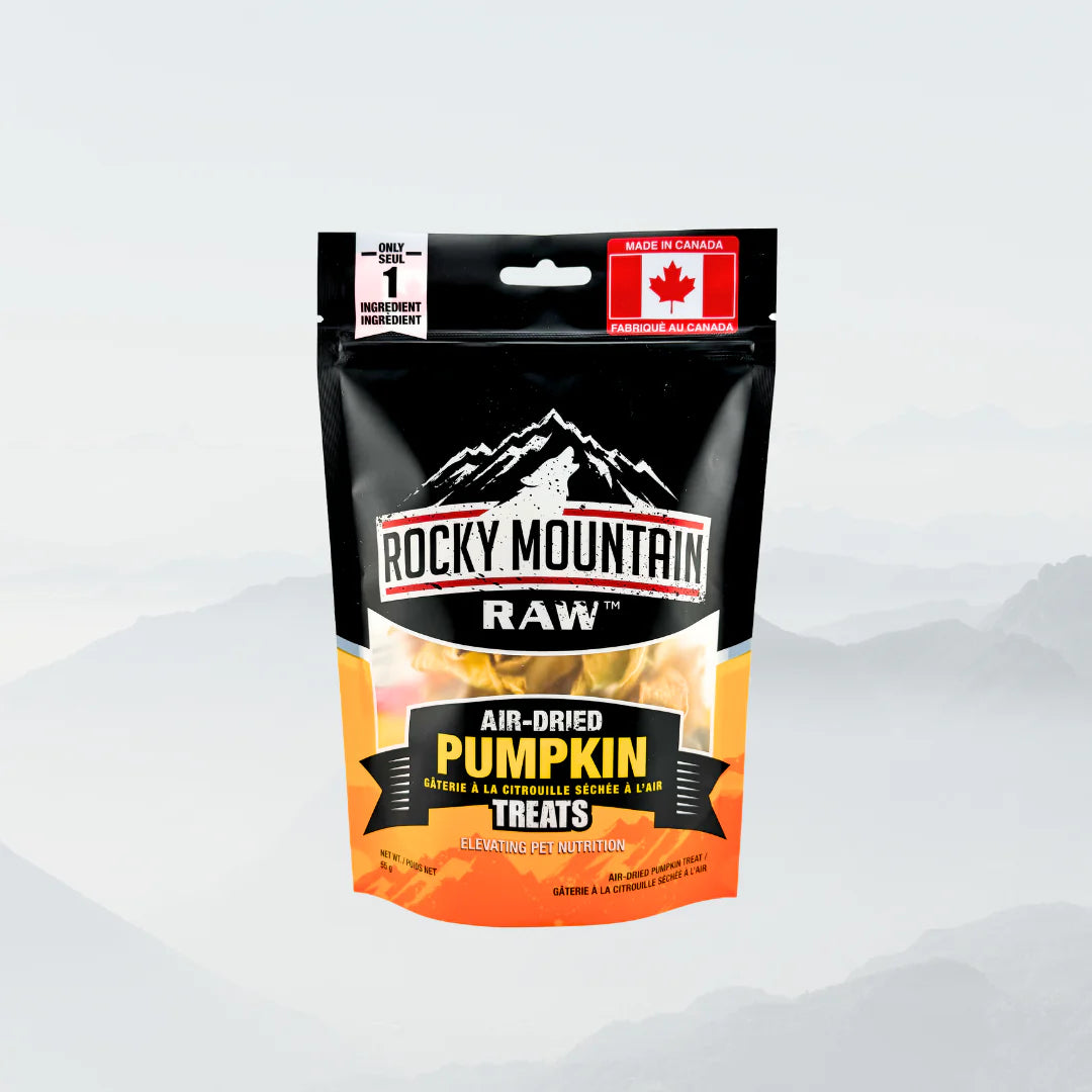 Rocky Mountain Raw air-dried pumpkin treats packaging on a white background