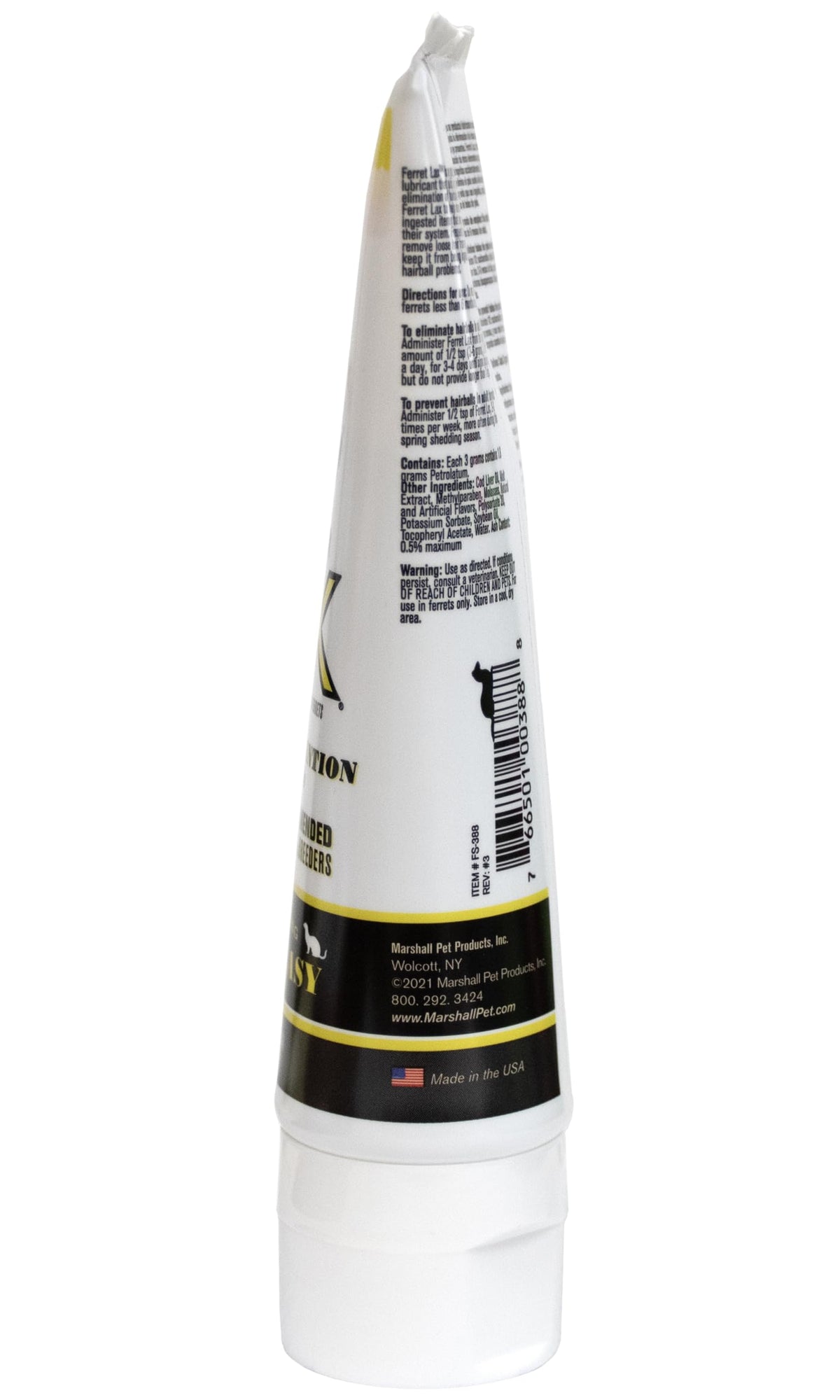 Marshall Ferret Lax Hairball Remedy Paste - Side of tube with ingredients and warning - Marshall - PetMax Canada