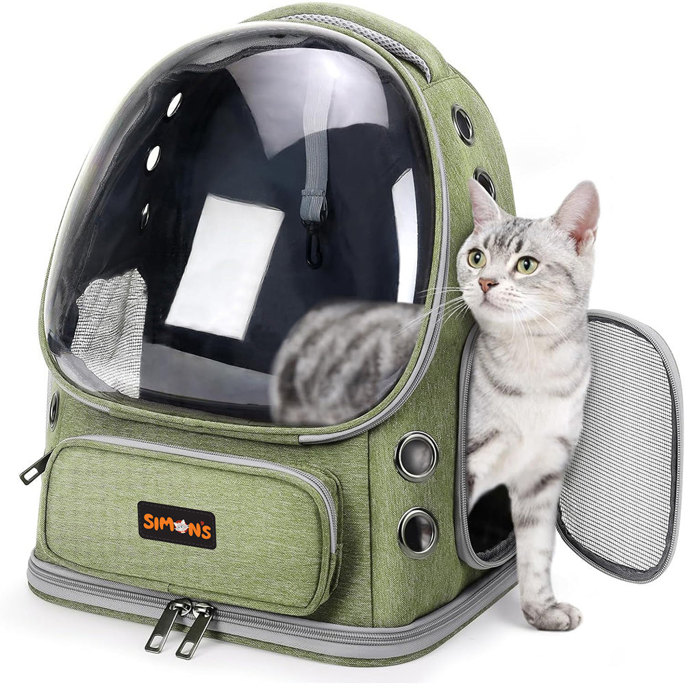 Simon's Bubble Backpack Cat Carrier - Green with Cat Exiting Mesh Door - Cat Carriers - Simon's - PetMax Canada