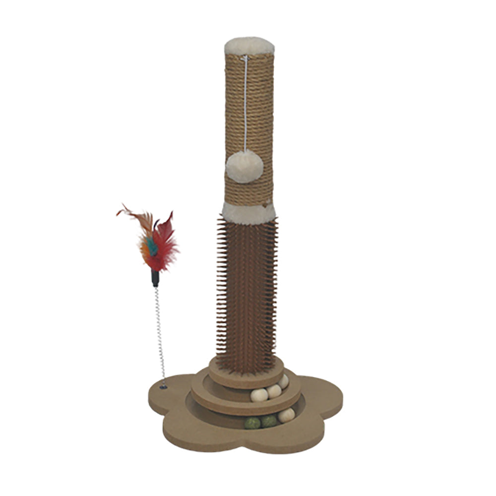 Simon's Scratch Playland Cat Scratcher with Self Groomer - Sisal Post, Groomer, Ball Track and Feather Wand - Simon's - PetMax Canada