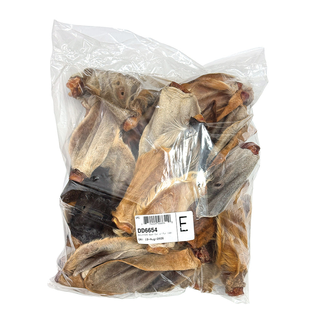 Bullsters Beef Ear with Fur Dog Chew - Bulk Bag of 40 with Label - Bullsters - PetMax Canada