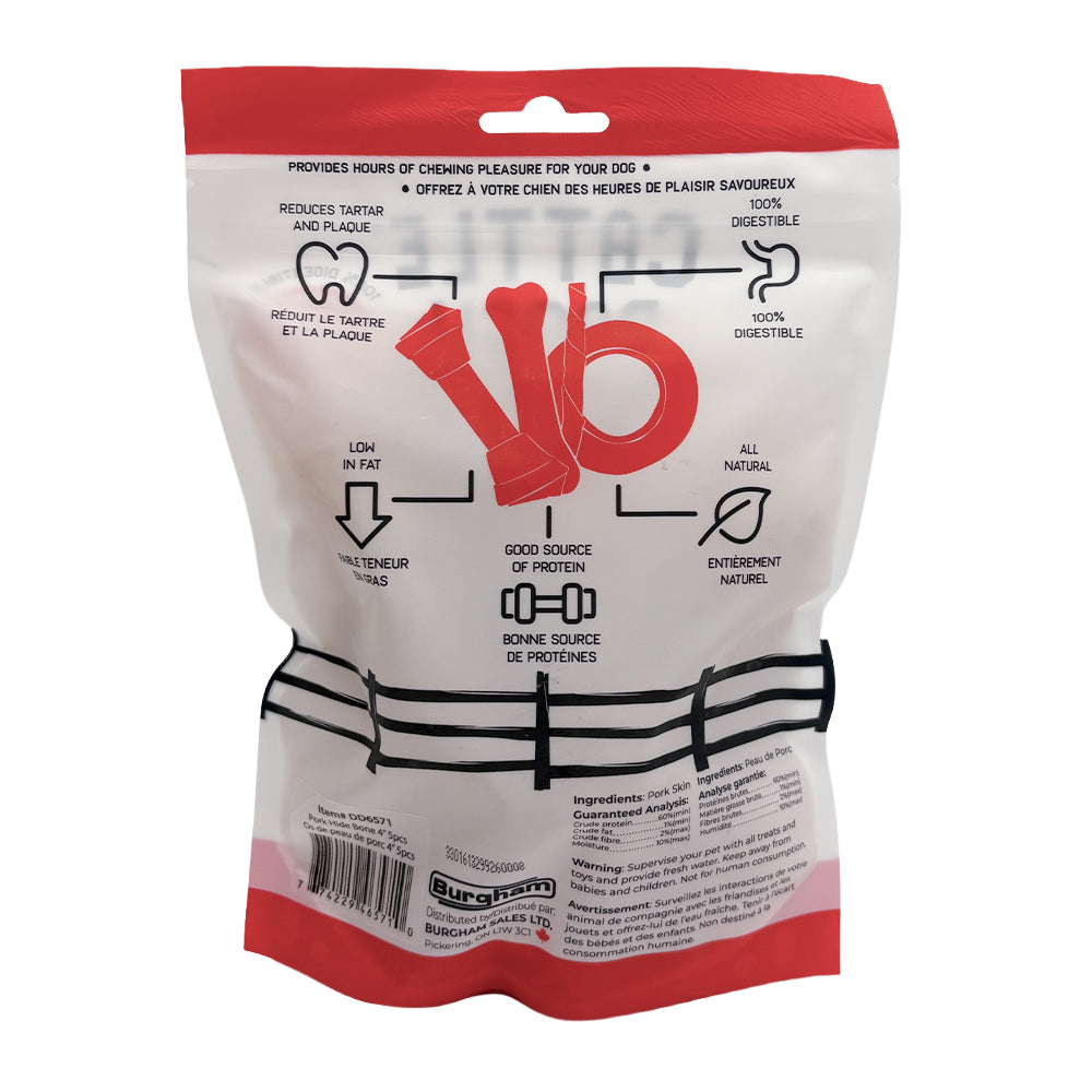 Burgham Cattle Ranch Porkhide Bone Dog Chews - Back of 4" 5 pack with benefits, ingredients and guaranteed analysis - PetMax Canada