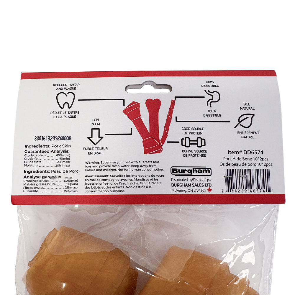 Burgham Cattle Ranch Porkhide Bone Dog Chews - 10" header card close-up with ingredients and guaranteed analysis - PetMax Canada