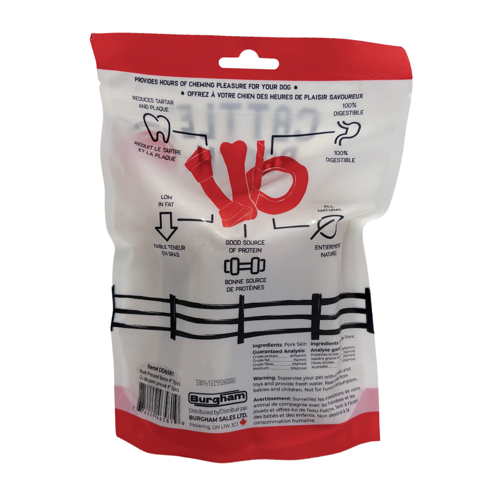 Burgham Cattle Ranch Porkhide Pressed Bone Dog Chews - 4 inch 5 pack back panel with ingredients and analysis - PetMax Canada