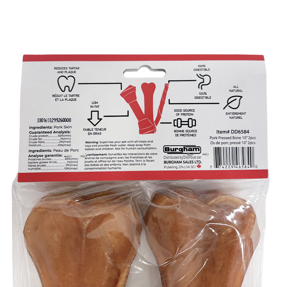 Burgham Cattle Ranch Porkhide Pressed Bone Dog Chews - 10 inch header card with ingredients and analysis - PetMax Canada