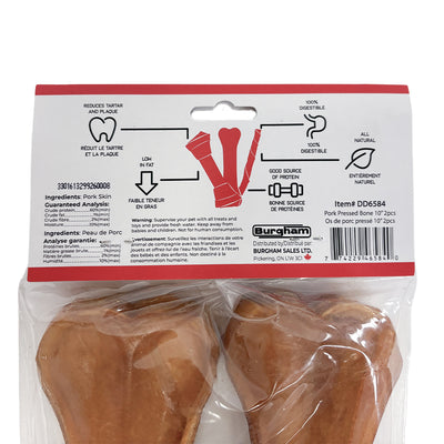 Burgham Cattle Ranch Porkhide Pressed Bone Dog Chews - 10 inch header card with ingredients and analysis - PetMax Canada