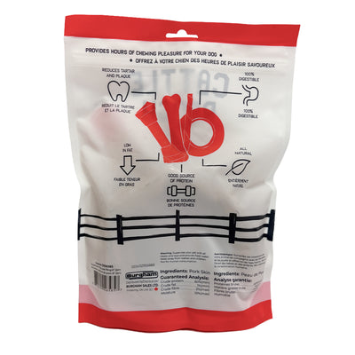 Burgham Cattle Ranch Porkhide Pressed Ring Dog Chews - Back of pack with ingredients and guaranteed analysis - PetMax Canada