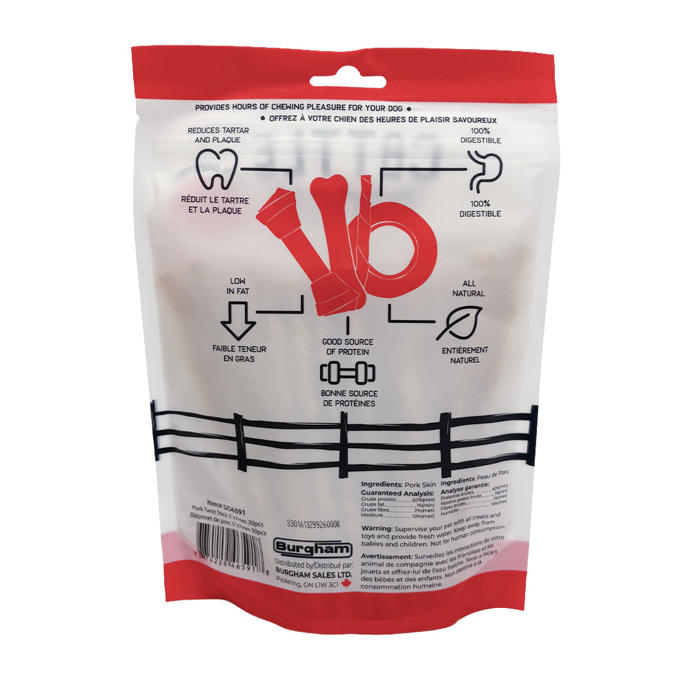 Burgham Cattle Ranch Porkhide Twist Stick Dog Chews - 5" x 7mm 30 pack back with ingredients - PetMax Canada