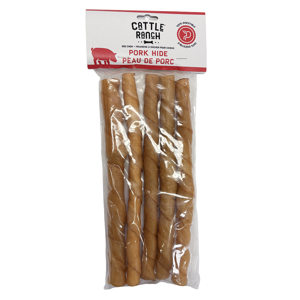 Burgham Cattle Ranch Porkhide Twist Stick Dog Chews - 10" x 22mm 5 pack front - PetMax Canada