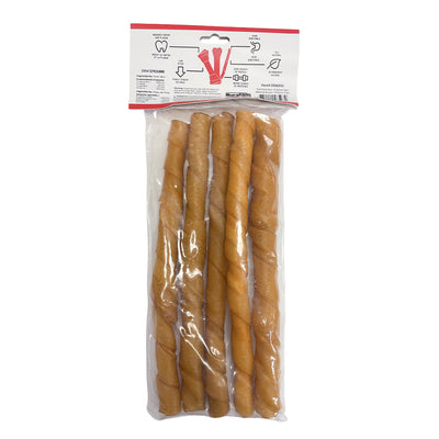 Burgham Cattle Ranch Porkhide Twist Stick Dog Chews - 10" x 22mm 5 pack back of header card - PetMax Canada