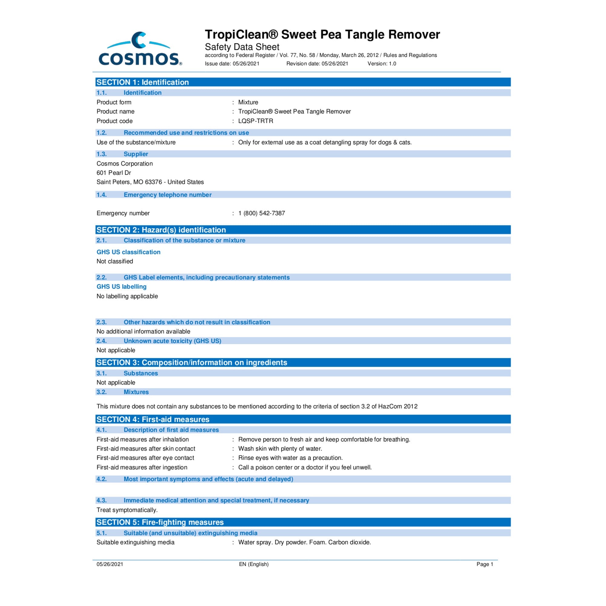 TropiClean Sweet Pea Tangle Remover Spray for Pets