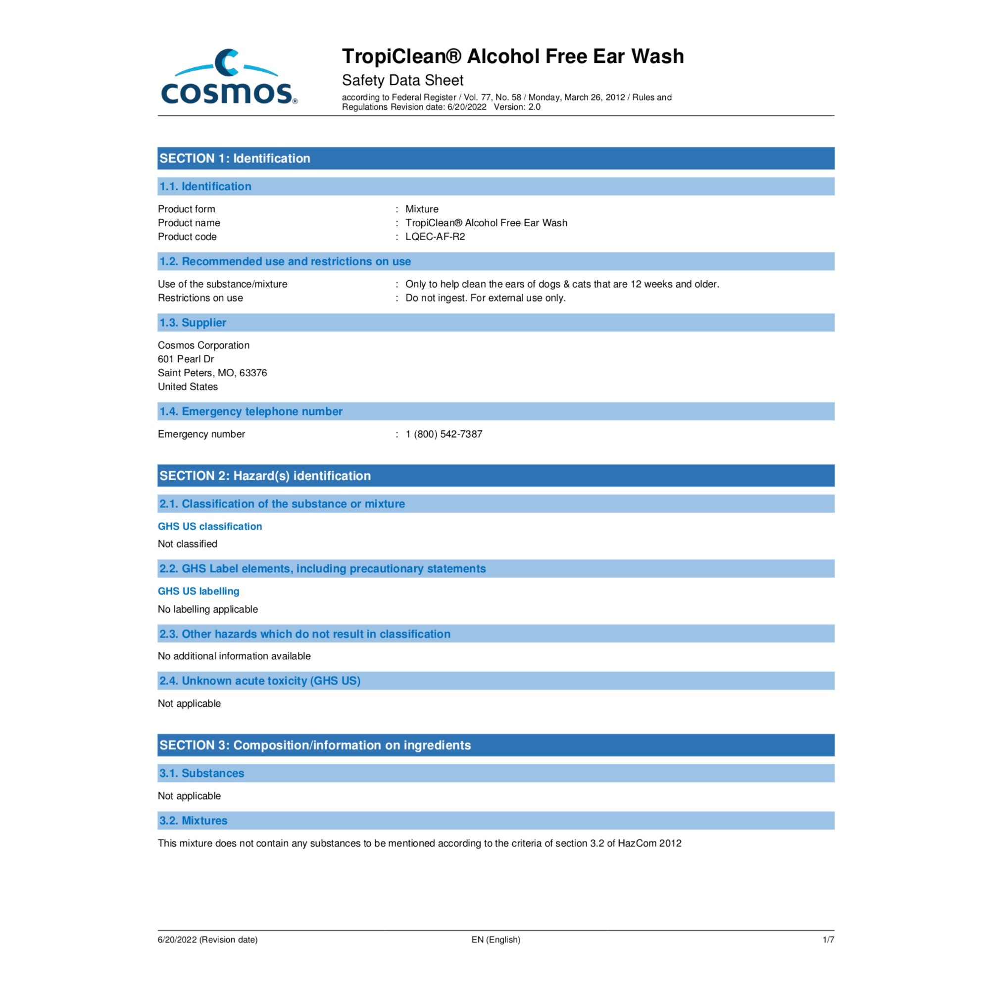 TropiClean Alcohol Free Ear Wash for Pets