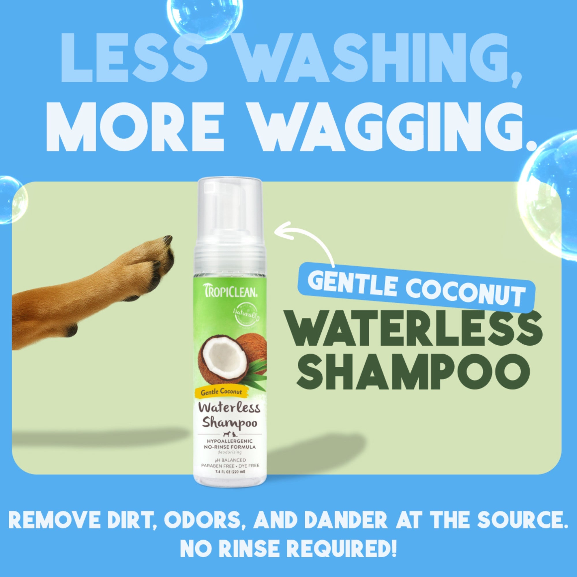 TropiClean Gentle Coconut Waterless Shampoo bottle with promotional text on a blue background