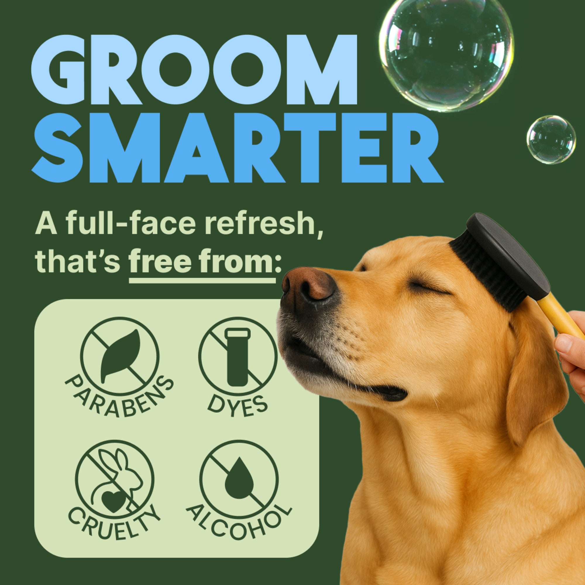 Dog being groomed with a brush, featuring 'Groom Smarter' text and ingredient-free icons on a green background.