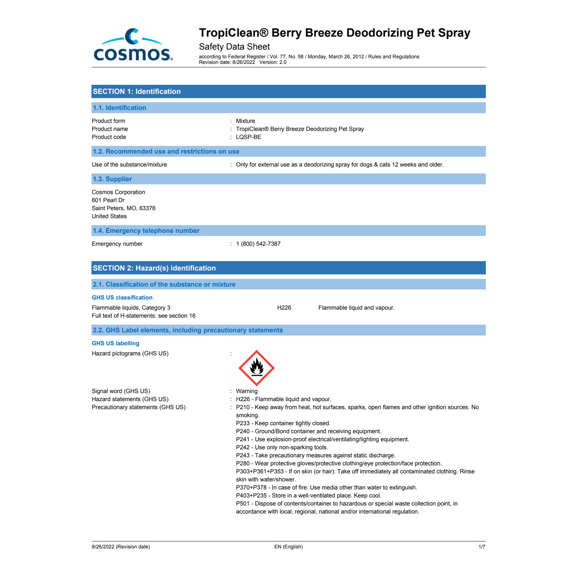 TropiClean Berry Breeze Deodorizing Spray for Pets