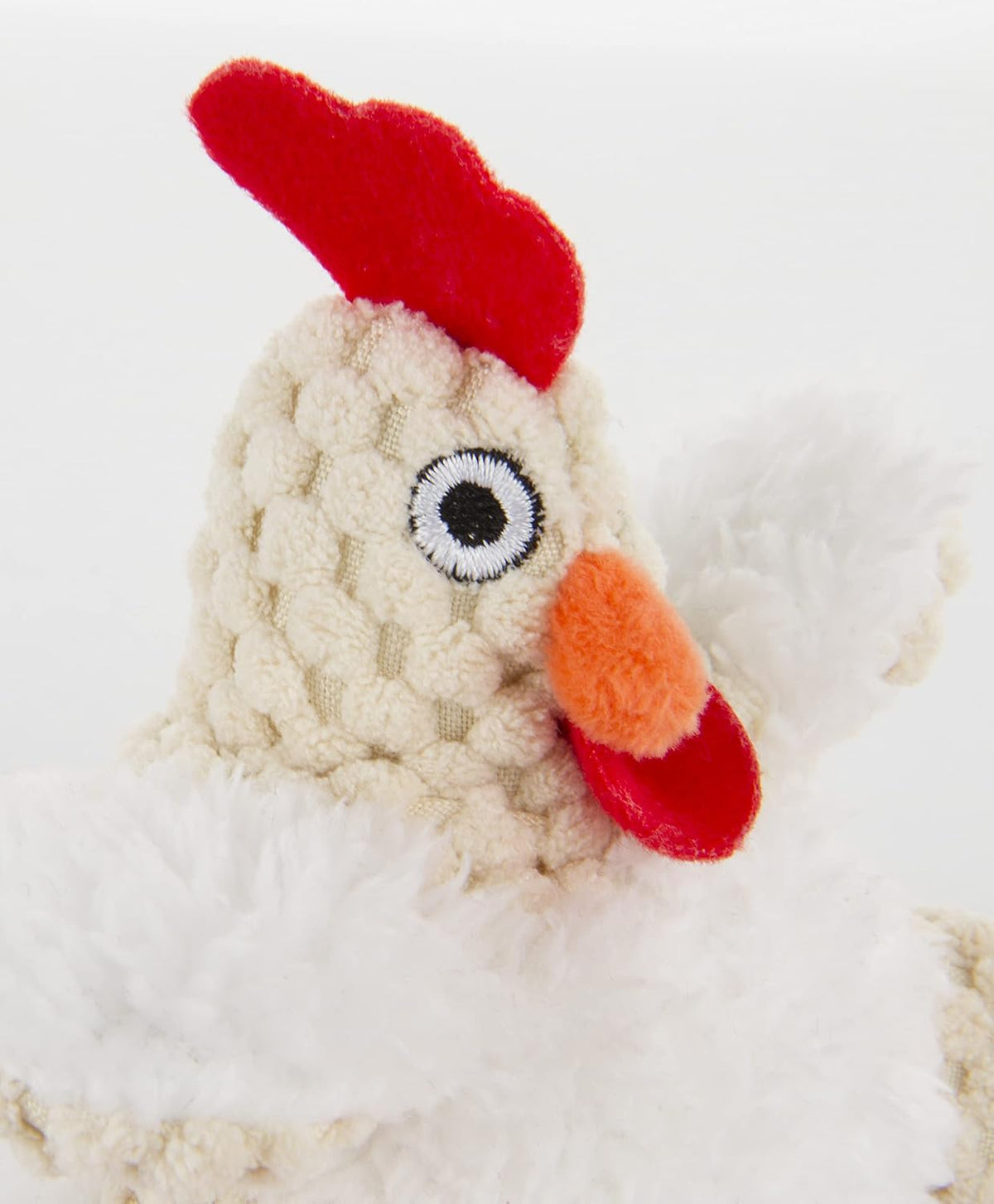 goDog Just For Me Fat White Rooster Plush Dog Toy - Checkered plush texture close-up - PetMax Canada