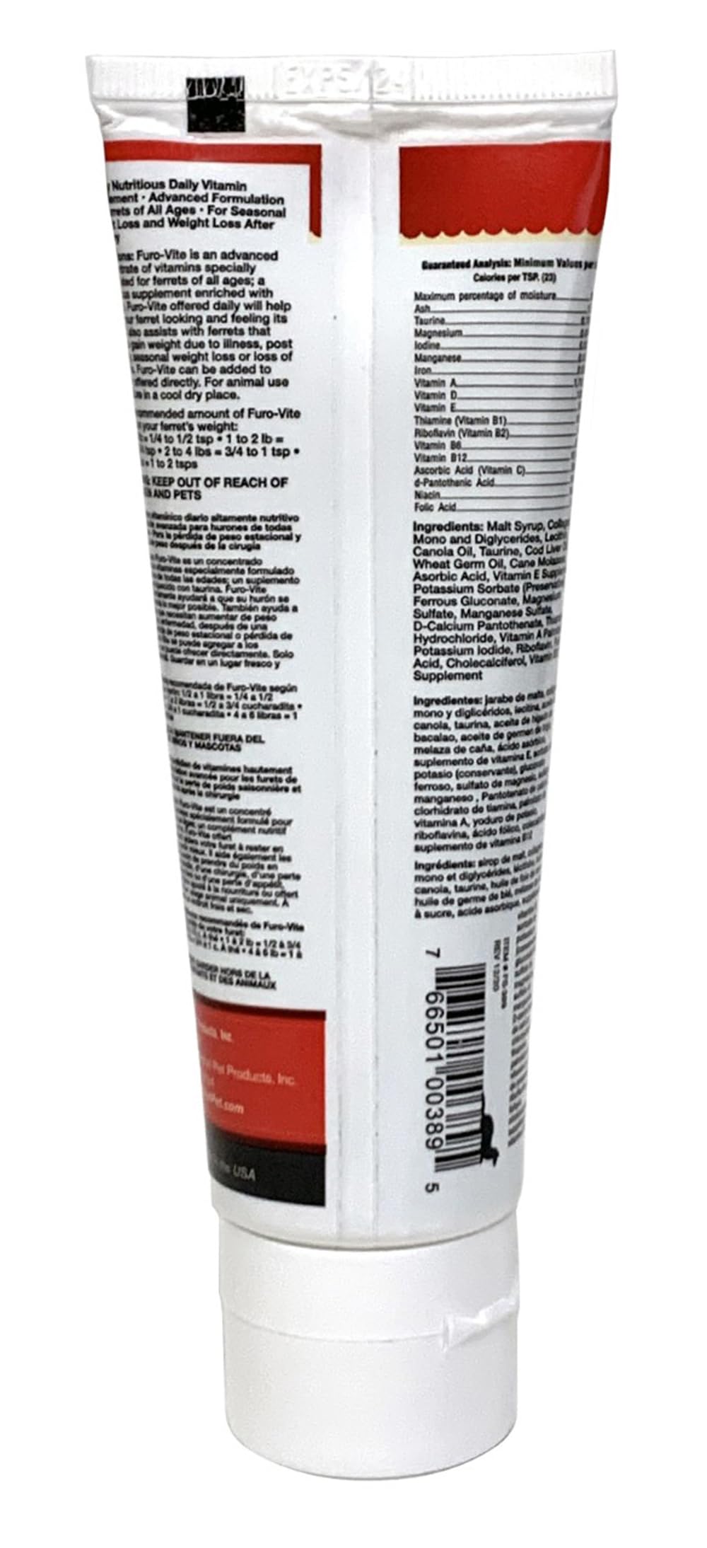 Marshall Furo-Vite Vitamin Supplement Paste for Ferrets - Back of tube with directions, guaranteed analysis and ingredients - Marshall - PetMax Canada