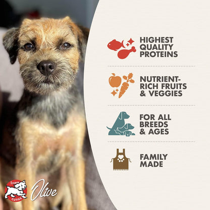 Dog with a label highlighting quality ingredients and family-made aspect