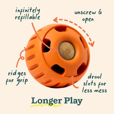 Woof Pupsicle Treat Dispenser Dog Toy - Pumpkin - Feature callouts: refillable, unscrews, grip ridges, drool slots - Woof - PetMax Canada