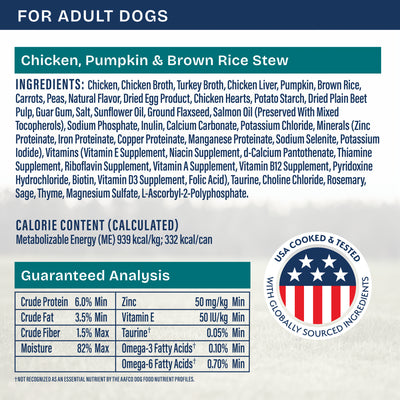 Natural Balance Health Protection Chicken, Pumpkin & Brown Rice Stew Wet Dog Food - 354g - back-label panel: full ingredients, calorie content and guaranteed analysis (3000x3000) - Natural Balance - PetMax Canada