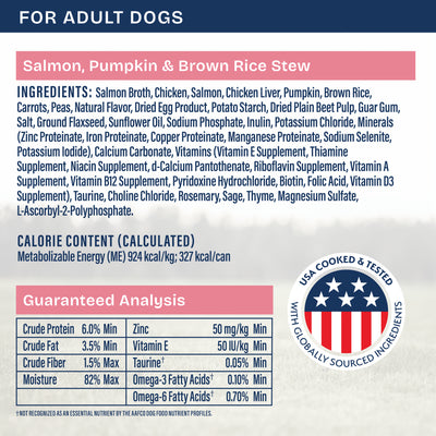 Natural Balance Health Protection Salmon, Pumpkin & Brown Rice Stew Wet Dog Food - 354g - back-label panel: full ingredients, calorie content and guaranteed analysis (3000x3000) - Natural Balance - PetMax Canada