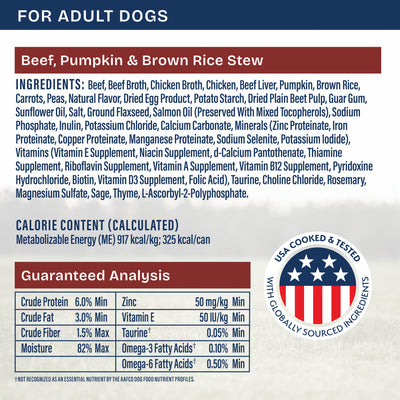 Natural Balance Health Protection Beef, Pumpkin & Brown Rice Stew Wet Dog Food - 354g - back-label panel: full ingredients, calorie content and guaranteed analysis (3000x3000) - Natural Balance - PetMax Canada