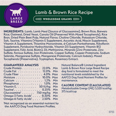 Nourriture pour chiens de grande race à base d'ingrédients limités Natural Balance Agneau et riz