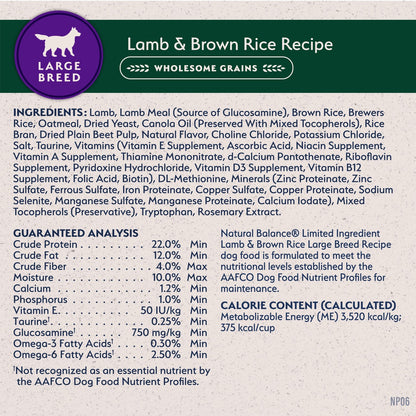 Nourriture pour chiens de grande race à base d'ingrédients limités Natural Balance Agneau et riz