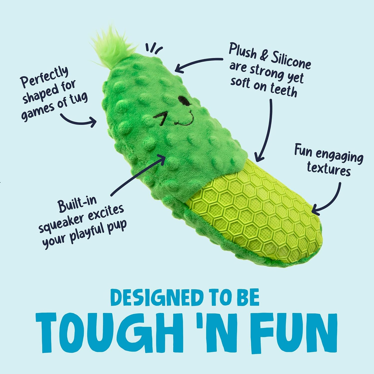 goDog Tough 'N Texture Dillbert Pickle Dog Toy - Features: plush and silicone, squeaker, tug shape - PetMax Canada