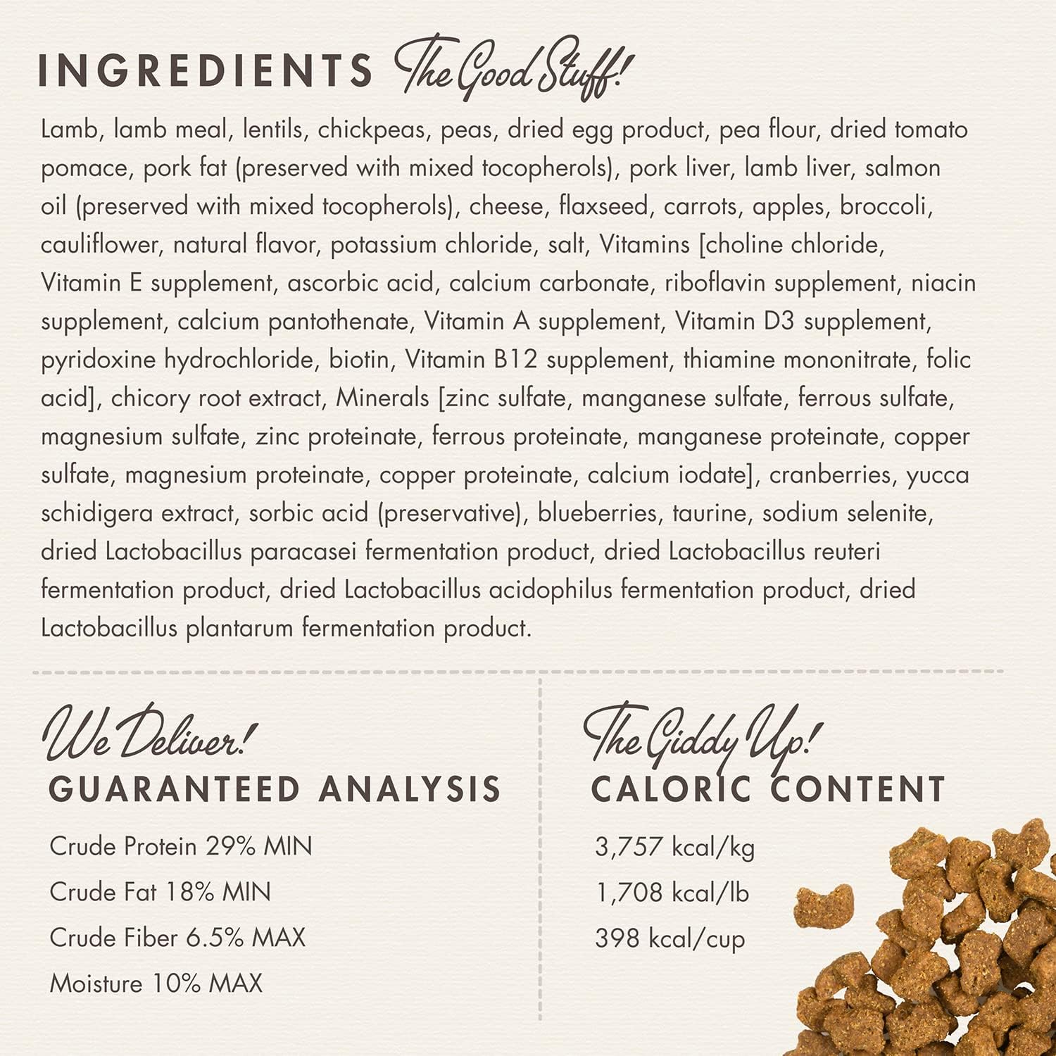 Dog food label with ingredients list, guaranteed analysis, and caloric content on a white background.