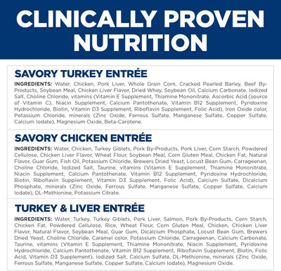 Nutritional label for savory turkey, chicken, and turkey liver entrees with ingredients listed.