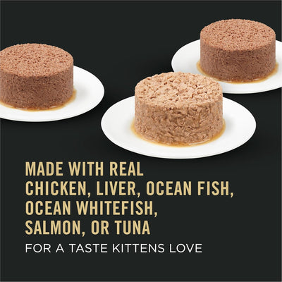 Four cat food patties on white plates with text about ingredients on a black background