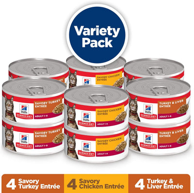 Hill's Science Diet cat food variety pack on a white background