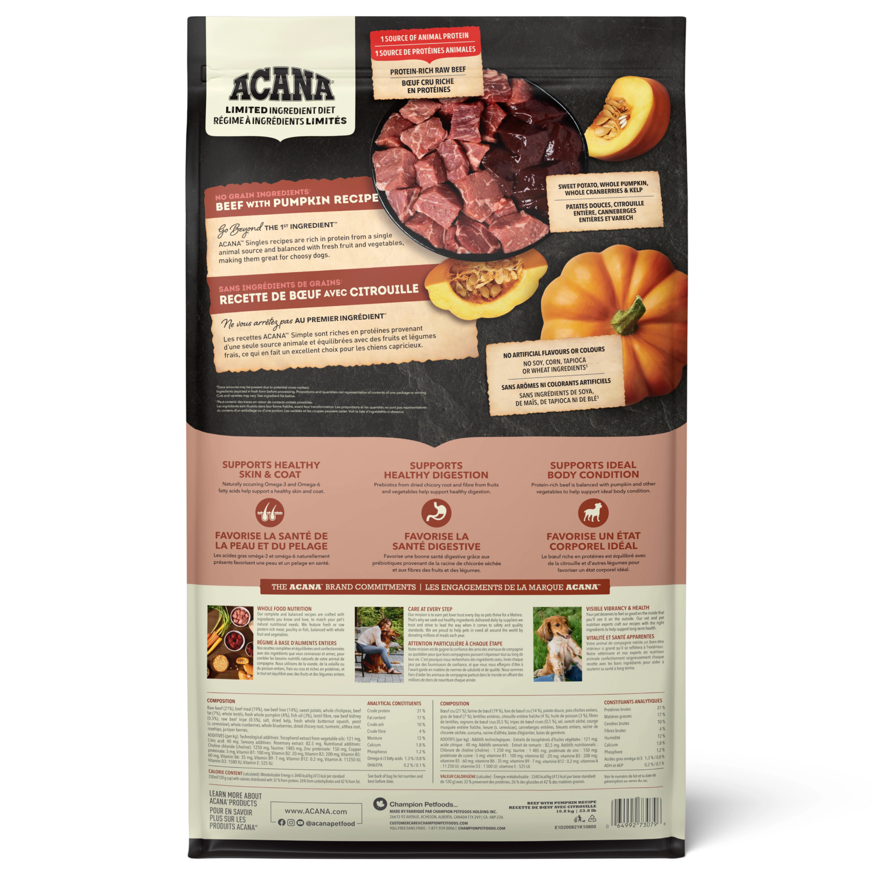 Acana Singles Limited Ingredient Diet Beef & Pumpkin Dry Dog Food Recipe - Back of Bag - Acana - PetMax Canada