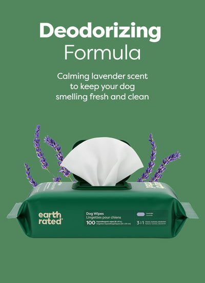 Earth Rated 3-in-1 All Purpose Dog Grooming Wipes - Lavender Scented - Deodorizing Formula with Calming Lavender Scent - PetMax Canada