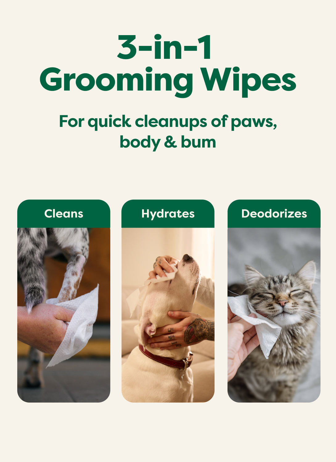 Earth Rated 3-in-1 All Purpose Dog Grooming Wipes - Unscented - 3-in-1 Cleans, Hydrates and Deodorizes - PetMax Canada