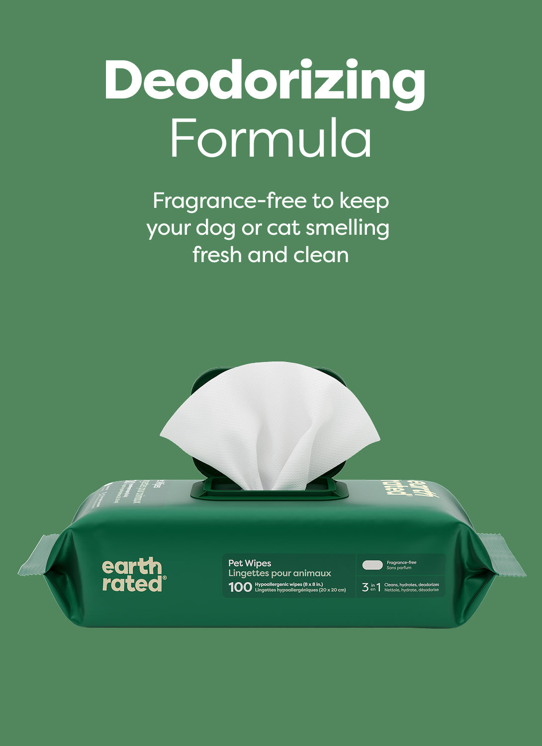 Earth Rated 3-in-1 All Purpose Dog Grooming Wipes - Unscented - Fragrance-Free Deodorizing Formula - PetMax Canada