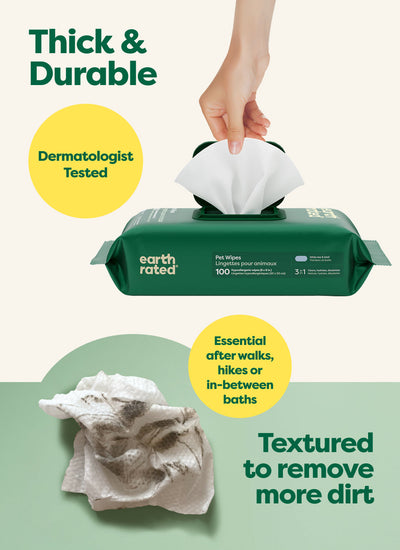 Earth Rated 3-in-1 All Purpose Dog Grooming Wipes - White Tea & Basil Scented - Thick, Durable, Textured and Dermatologist Tested - PetMax Canada