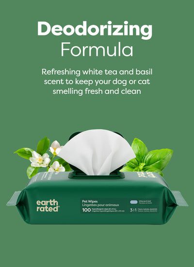 Earth Rated 3-in-1 All Purpose Dog Grooming Wipes - White Tea & Basil Scented - Deodorizing Formula with White Tea and Basil Scent - PetMax Canada