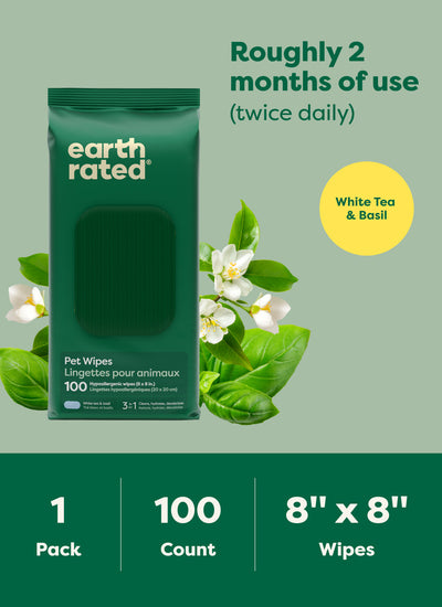 Earth Rated 3-in-1 All Purpose Dog Grooming Wipes - White Tea & Basil Scented - 100 Wipes Pack, 8 x 8 Inch Wipes - PetMax Canada