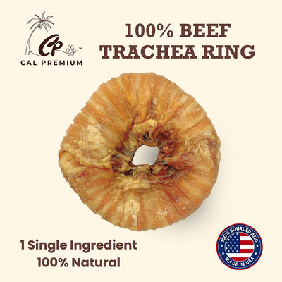 Cal Premium Beef Trachea Ring Dog Chew - Close-up of the ring with single-ingredient and made in USA claims - PetMax Canada