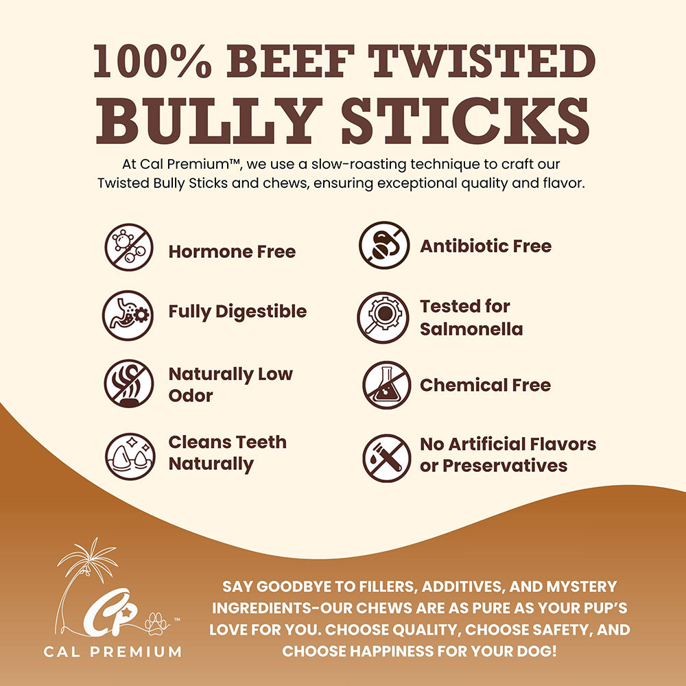 Cal Premium Twisted Bully Stick Dog Chew - Features: slow-roasted, hormone and antibiotic free, fully digestible, naturally low odour - PetMax Canada