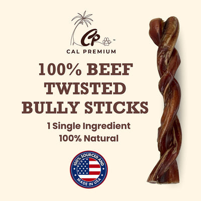 Cal Premium Twisted Bully Stick Dog Chew - 9-11 inch twisted beef bully stick, single ingredient, made in USA - PetMax Canada